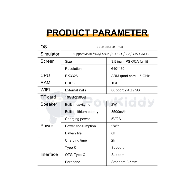 POWKIDDY RGB20S Retrokonsol Handhållen Spelkonsol med 3,5-tums IPS Skärm och RK3326 Stöd för N64 PS1 MAME