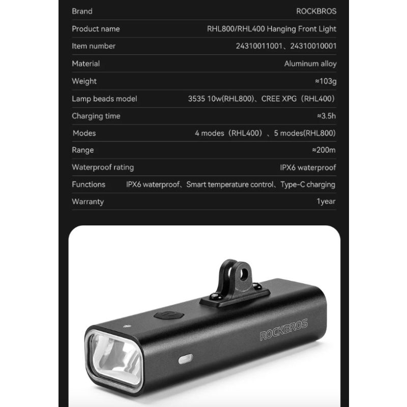 ROCKBROS RHL-1000LUMEN LED cykelfrontljus hög ljusstyrka regntätt Type-C uppladdningsbar för nattcykling
