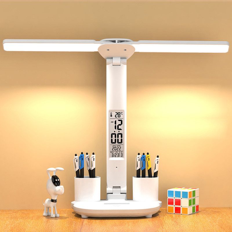 LED-bordslampa med kalender och USB-touch multifunktionslampa med flimmerfritt ljus och pennhållare