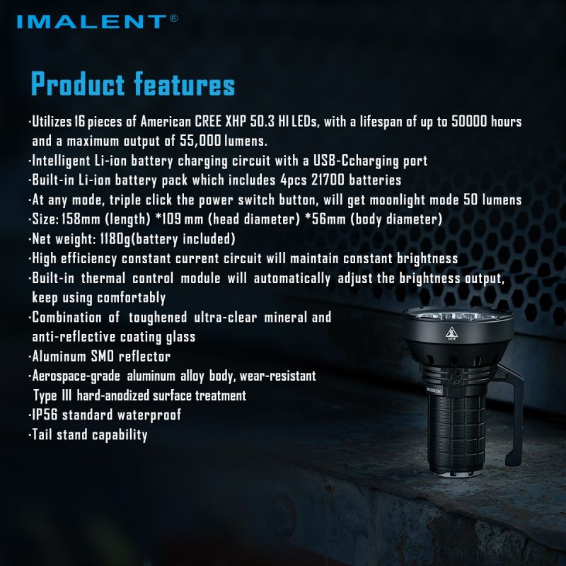 IMALENT SR16: Kraftfull uppladdningsbar LED-ficklampa, 55000 lumen, 1715m lång räckvidd!