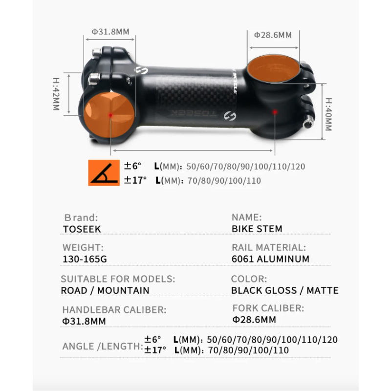 TOSEEK MTB-styrstam aluminium 28.6-31.8mm lättvikt justerbar vinkel hållbar för cykelentusiaster matt svart