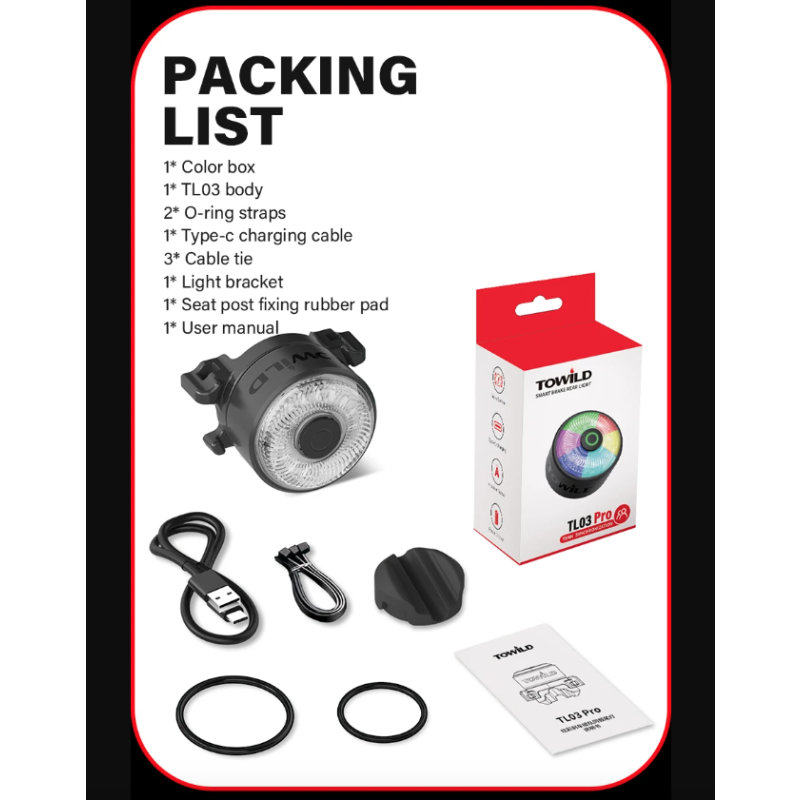 TOWILD TL03Pro uppladdningsbart cykelbakljus med smart bromssensor och sju-färg andningsblixt