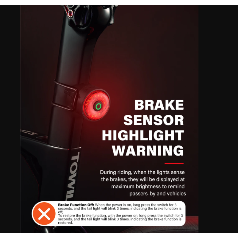 TOWILD TL03Pro uppladdningsbart cykelbakljus med smart bromssensor och sju-färg andningsblixt