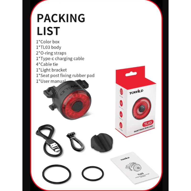 TOWILD TL03 smart cykel bakljus med automatiskt bromssensor ljus och fem blixtlägen för cykelsynlighet