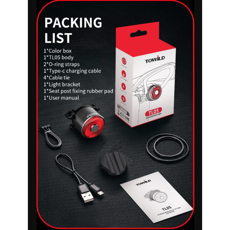TOWILD TL05 LED-cykelljus med smart auto bromsavkänning IPX6 vattentät och USB-laddning sikkerhetsljus
