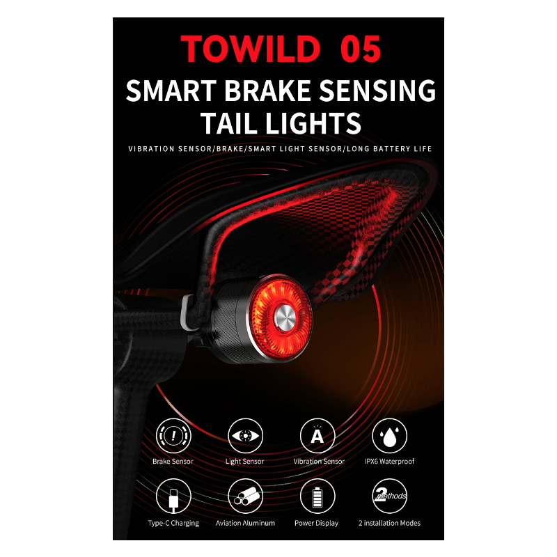 TOWILD TL05 LED-cykelljus med smart auto bromsavkänning IPX6 vattentät och USB-laddning sikkerhetsljus