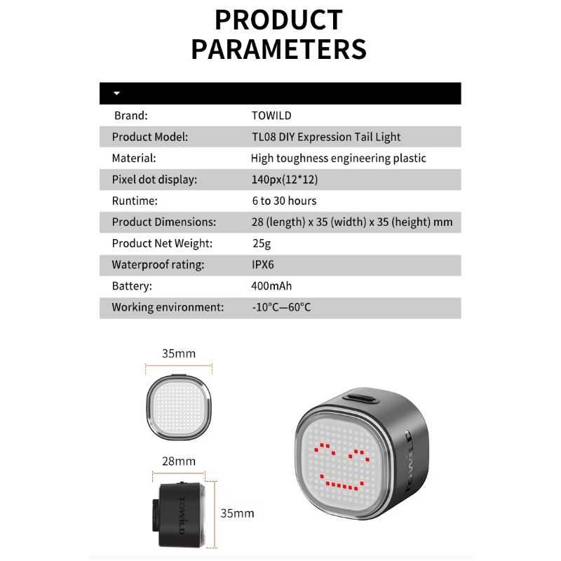 TOWILD TL08 Cykelbaklykta Med Anpassningsbara Mönster | Fullfärg Bromssensor USB-C Laddbar IPX6 Hög Synlighet Säkerhet