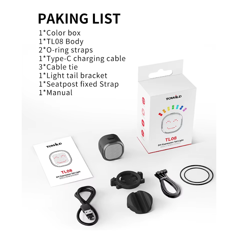 TOWILD TL08 Cykelbaklykta Med Anpassningsbara Mönster | Fullfärg Bromssensor USB-C Laddbar IPX6 Hög Synlighet Säkerhet