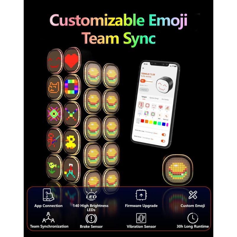 TOWILD TL08 Cykelbaklykta Med Anpassningsbara Mönster | Fullfärg Bromssensor USB-C Laddbar IPX6 Hög Synlighet Säkerhet