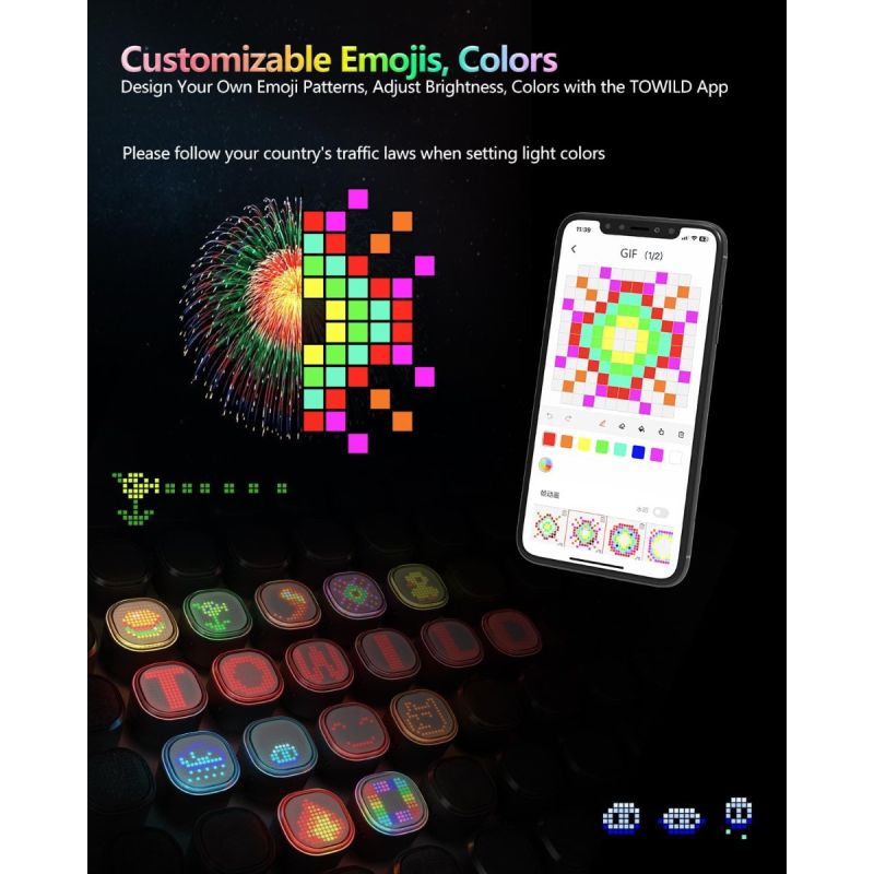 TOWILD TL08 Cykelbaklykta Med Anpassningsbara Mönster | Fullfärg Bromssensor USB-C Laddbar IPX6 Hög Synlighet Säkerhet