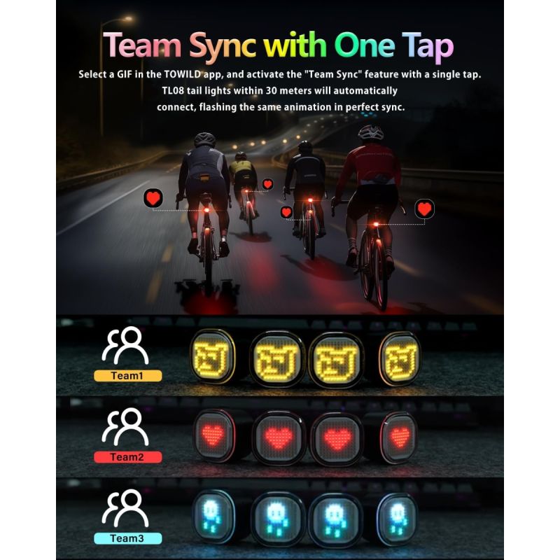 TOWILD TL08 Cykelbaklykta Med Anpassningsbara Mönster | Fullfärg Bromssensor USB-C Laddbar IPX6 Hög Synlighet Säkerhet