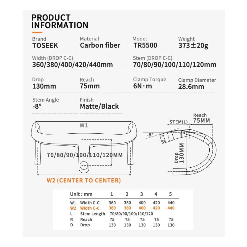 TOSEEK TR5500 landsvägscykelstyre helkolfiberstam integrerade cykeltillbehör ultralätta cykeldelar mattsvart finish
