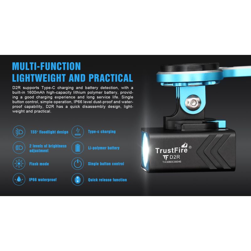 TrustFire D2R cykellampa 450LM Type-C uppladdningsbar lättvikt vattentät IP66 säkerhet urban cykling