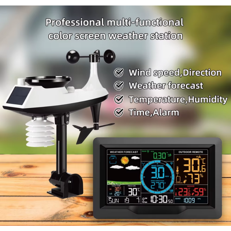 Solcellsdriven väderstation med 7.5 tum färgskärm trådlös utomhussensor larmlarm temperatur luftfuktighet