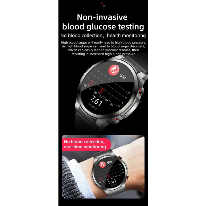 W11 Smartklocka med icke-invasivt blodsocker, EKG & hjärtfrekvens – Hälsovård för Android/iOS