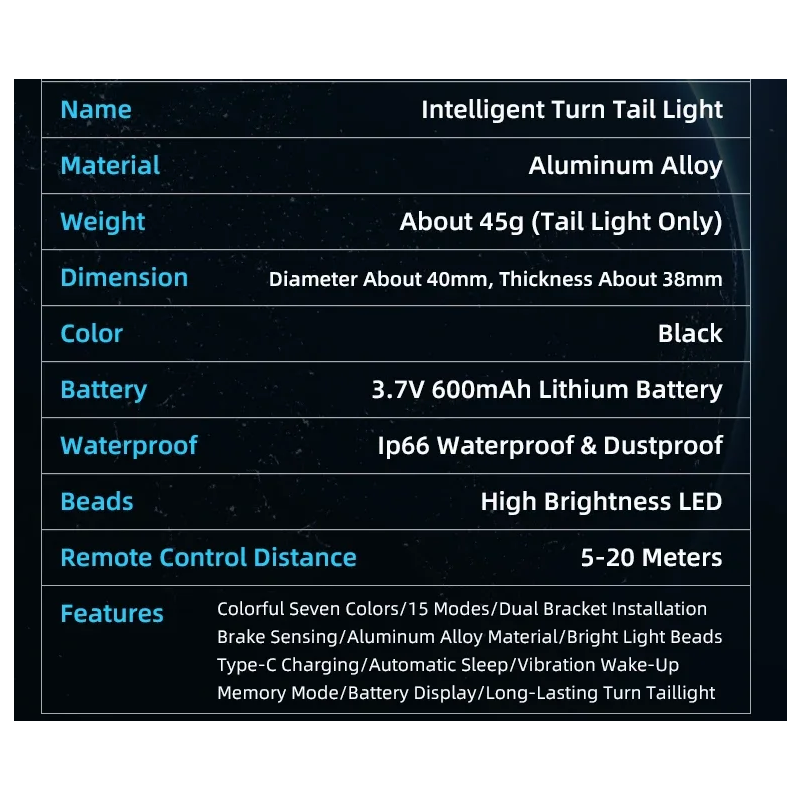 Mångsidigt cykelbakljus med smart bromssensor trådlös fjärrkontroll och färgglatt cykelsäkerhetsljus