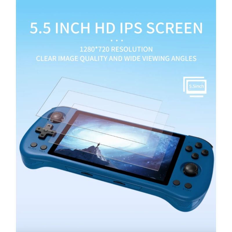 Upptäck POWKIDDY X55 handhållen spelkonsol för retrogaming med levande 5.5-tums IPS-skärm och kraftfull prestanda