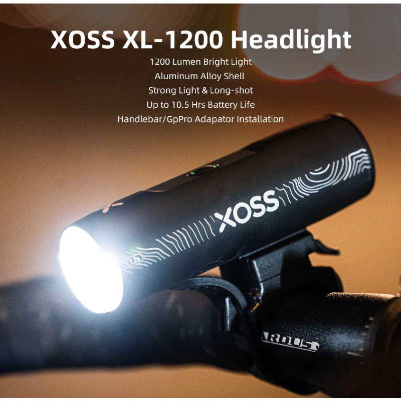 XOSS XL-1200 cykelstrålkastare 1200 lumen hållbar uppladdningsbar framlampa med Type-C laddning sex lägen
