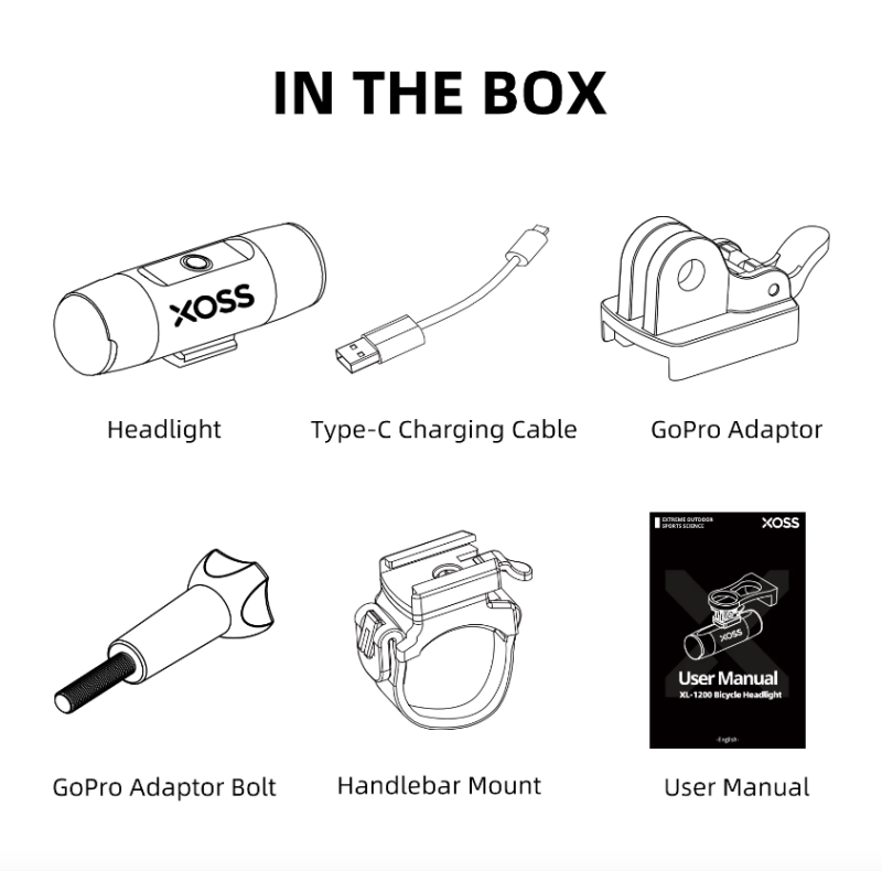 XOSS XL-1200 cykelstrålkastare 1200 lumen hållbar uppladdningsbar framlampa med Type-C laddning sex lägen
