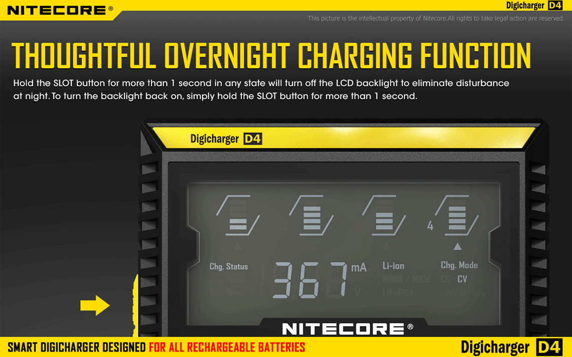 Nitecore D4 Digicharger LCD-skärm avancerad batteriladdare för Li-ion 18650 och NiMH med säkerhetsfunktioner