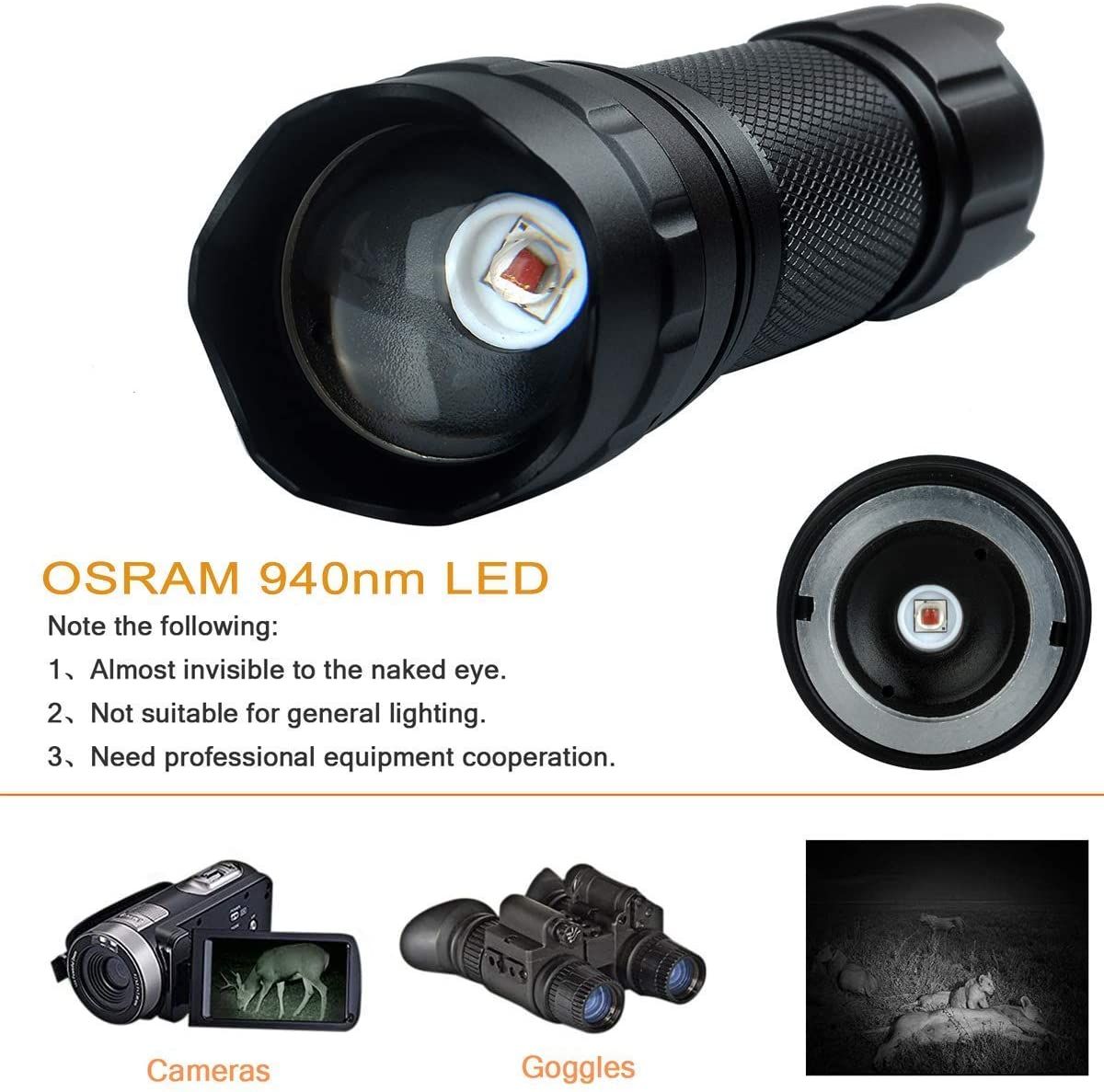 UltraFire 940nm LED IR-ficklampa med justerbart fokus och steglös dimring för mörkersyn, jakt och utforskning av vilda djur