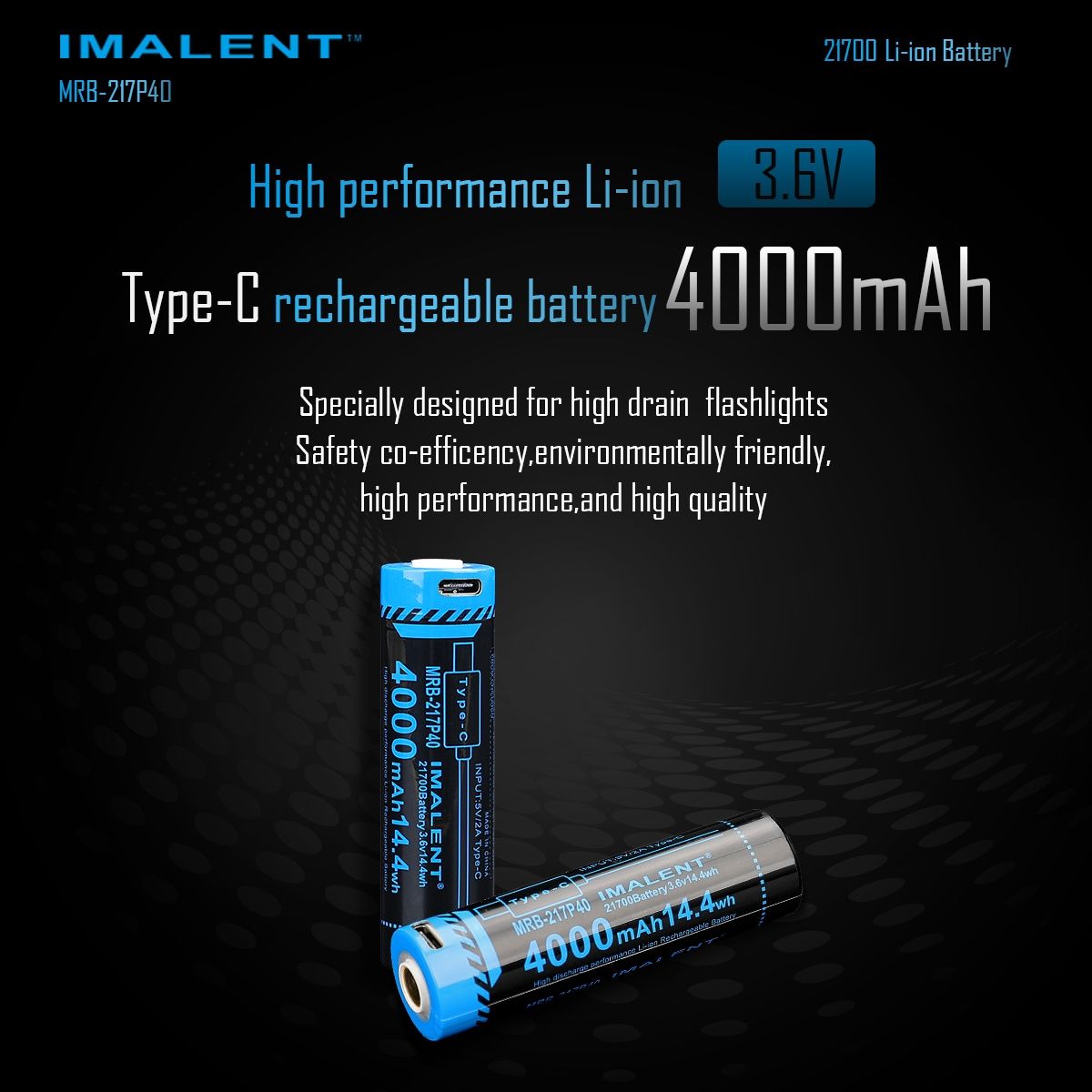 IMALENT MRB-217P40 21700 Batteri 4000mAh Type-C Uppladdningsbart Hög Kapacitet för Ficklampor och Prylar