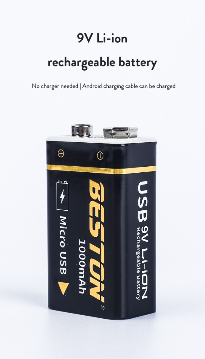 Beston 9V 1000mAh mikro-USB li-ion batteri hög kapacitet för RC helikoptrar och mikrofoner långvarigt miljövänligt