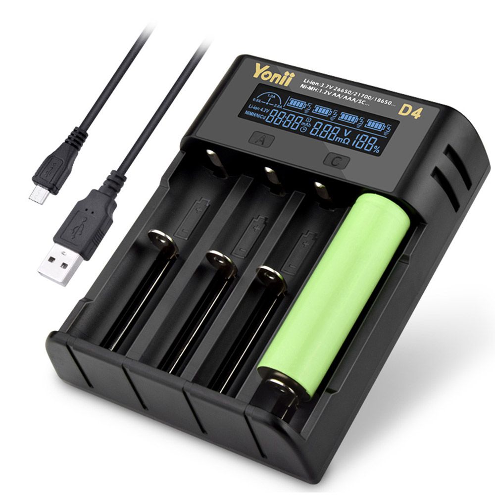 YONII D4 Batteriladdare, 4-plats LCD USB Laddare för 18650 21700 AA AAA Li-ion Ni-MH, Smart Snabbladdare