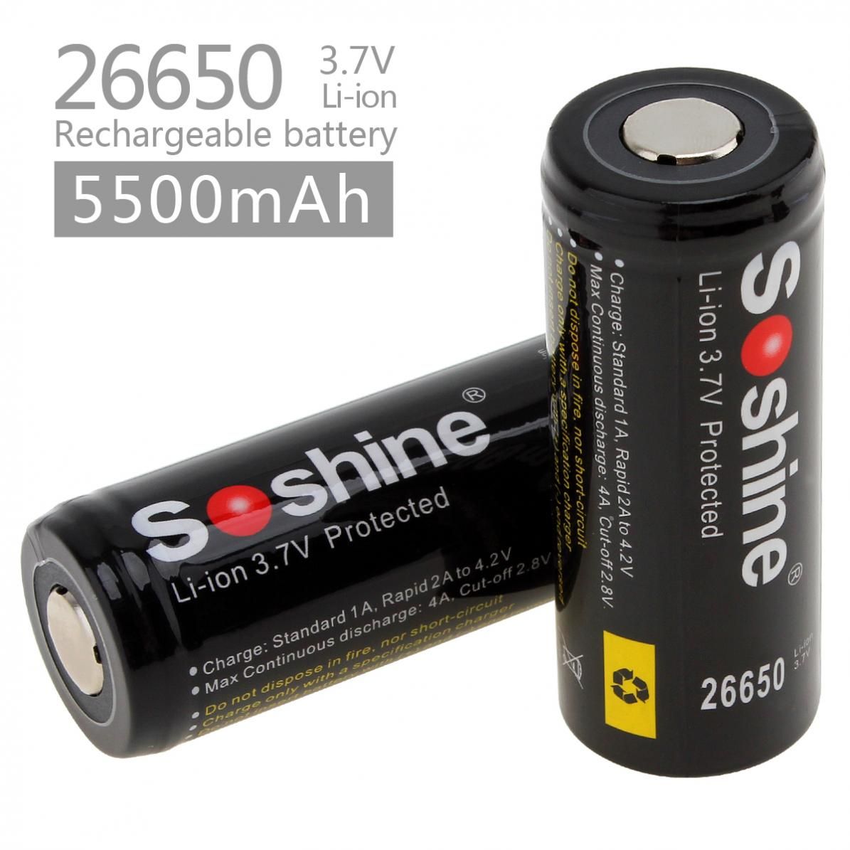 Soshine 26650 5500mAh Li-jon uppladdningsbara batterier 2-pack för ficklampor, elverktyg, långvarig användning
