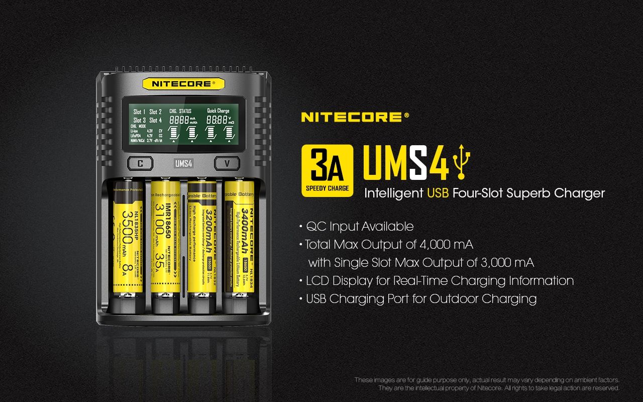 Upptäck Nitecore UMS4 intelligent USB fyrslottladdare 18650-26650 batterier smart laddning kompakt design
