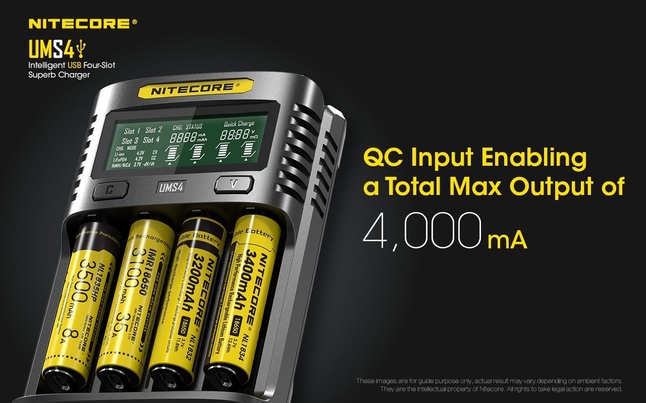 Upptäck Nitecore UMS4 intelligent USB fyrslottladdare 18650-26650 batterier smart laddning kompakt design