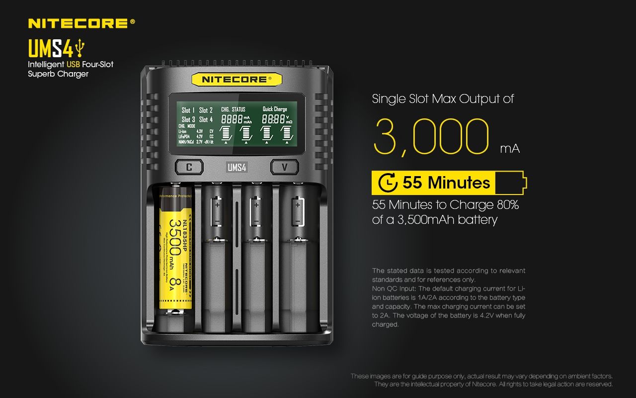 Upptäck Nitecore UMS4 intelligent USB fyrslottladdare 18650-26650 batterier smart laddning kompakt design