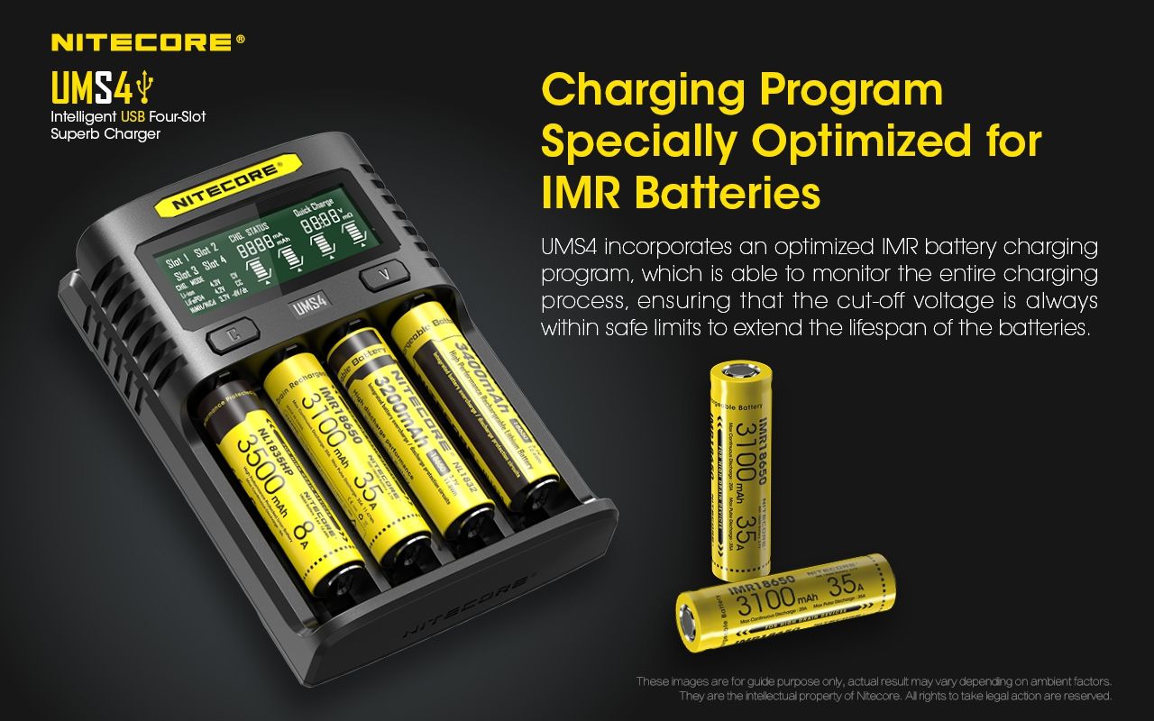 Upptäck Nitecore UMS4 intelligent USB fyrslottladdare 18650-26650 batterier smart laddning kompakt design
