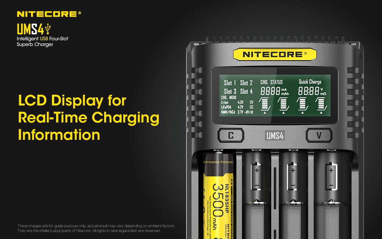Upptäck Nitecore UMS4 intelligent USB fyrslottladdare 18650-26650 batterier smart laddning kompakt design