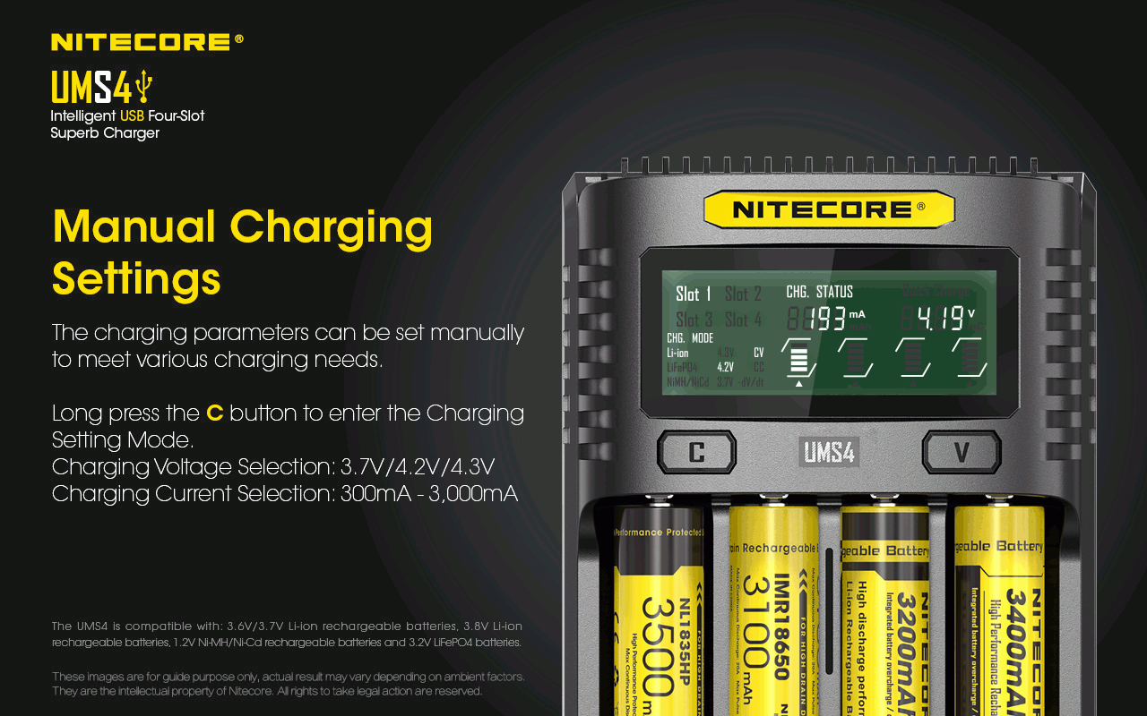 Upptäck Nitecore UMS4 intelligent USB fyrslottladdare 18650-26650 batterier smart laddning kompakt design