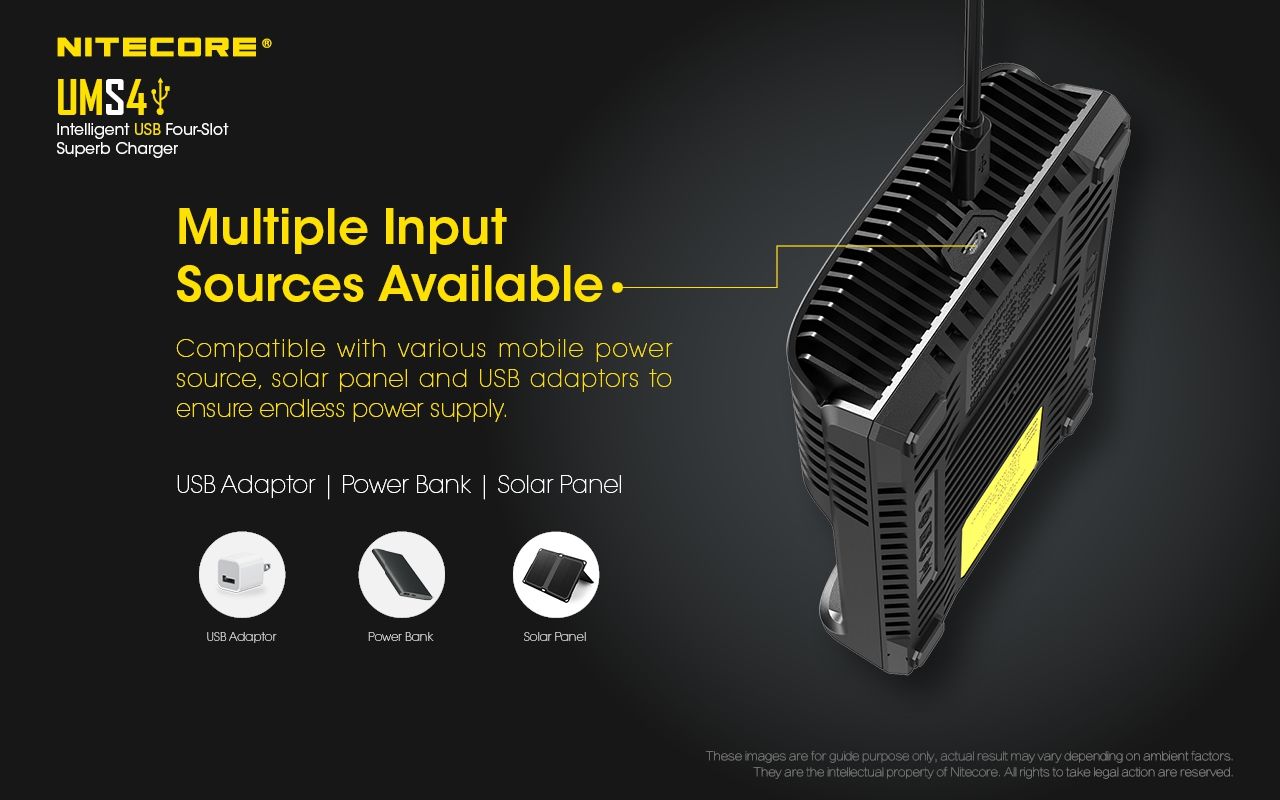 Upptäck Nitecore UMS4 intelligent USB fyrslottladdare 18650-26650 batterier smart laddning kompakt design