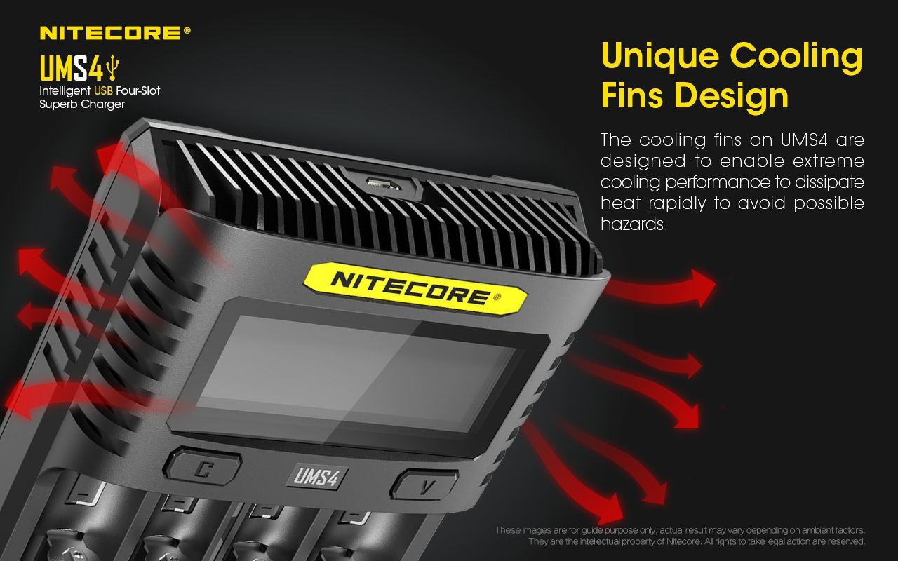Upptäck Nitecore UMS4 intelligent USB fyrslottladdare 18650-26650 batterier smart laddning kompakt design