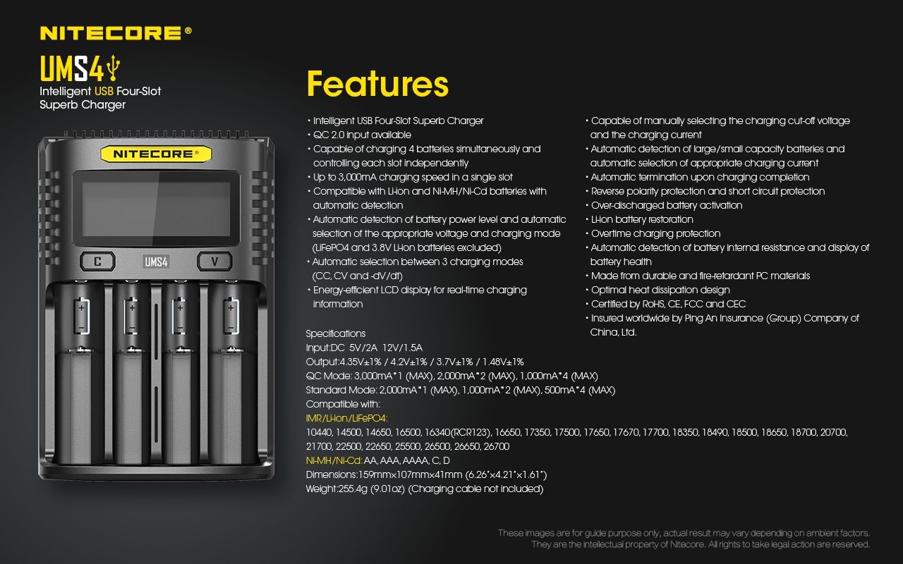 Upptäck Nitecore UMS4 intelligent USB fyrslottladdare 18650-26650 batterier smart laddning kompakt design