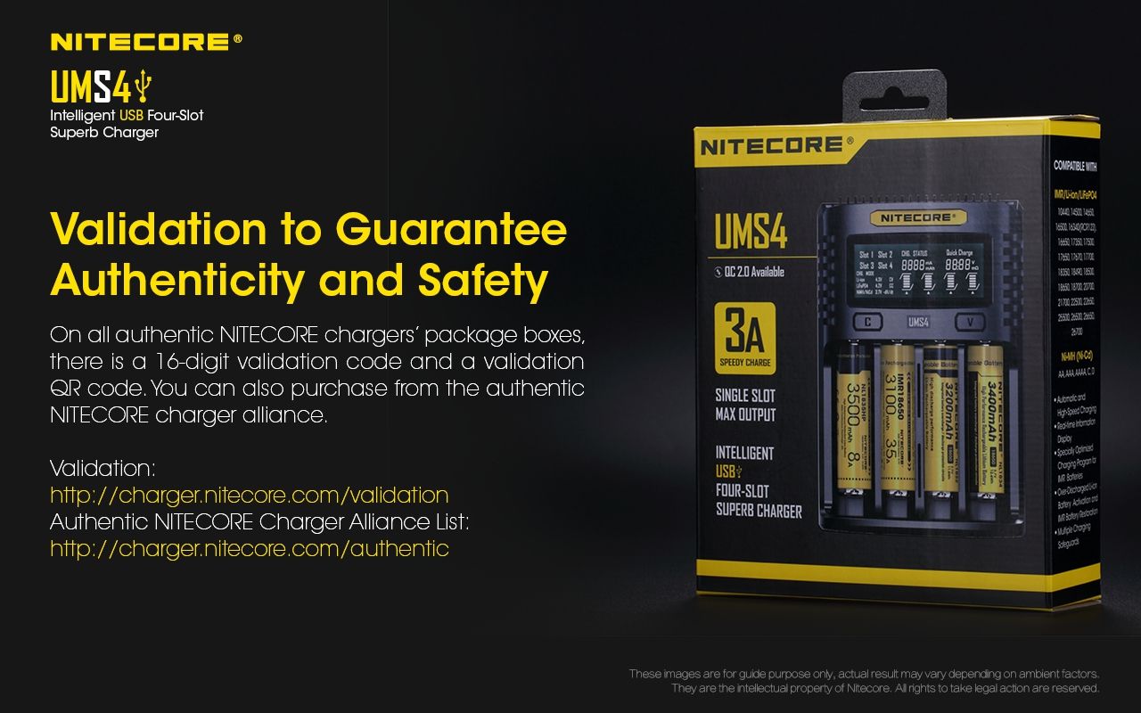 Upptäck Nitecore UMS4 intelligent USB fyrslottladdare 18650-26650 batterier smart laddning kompakt design