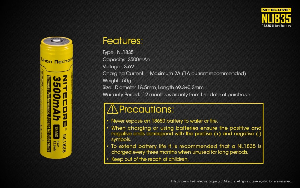 Nitecore 18650 NL1835 3500mAh Li-ion uppladdningsbart batteri för långvarig kraft och pålitlig prestanda.