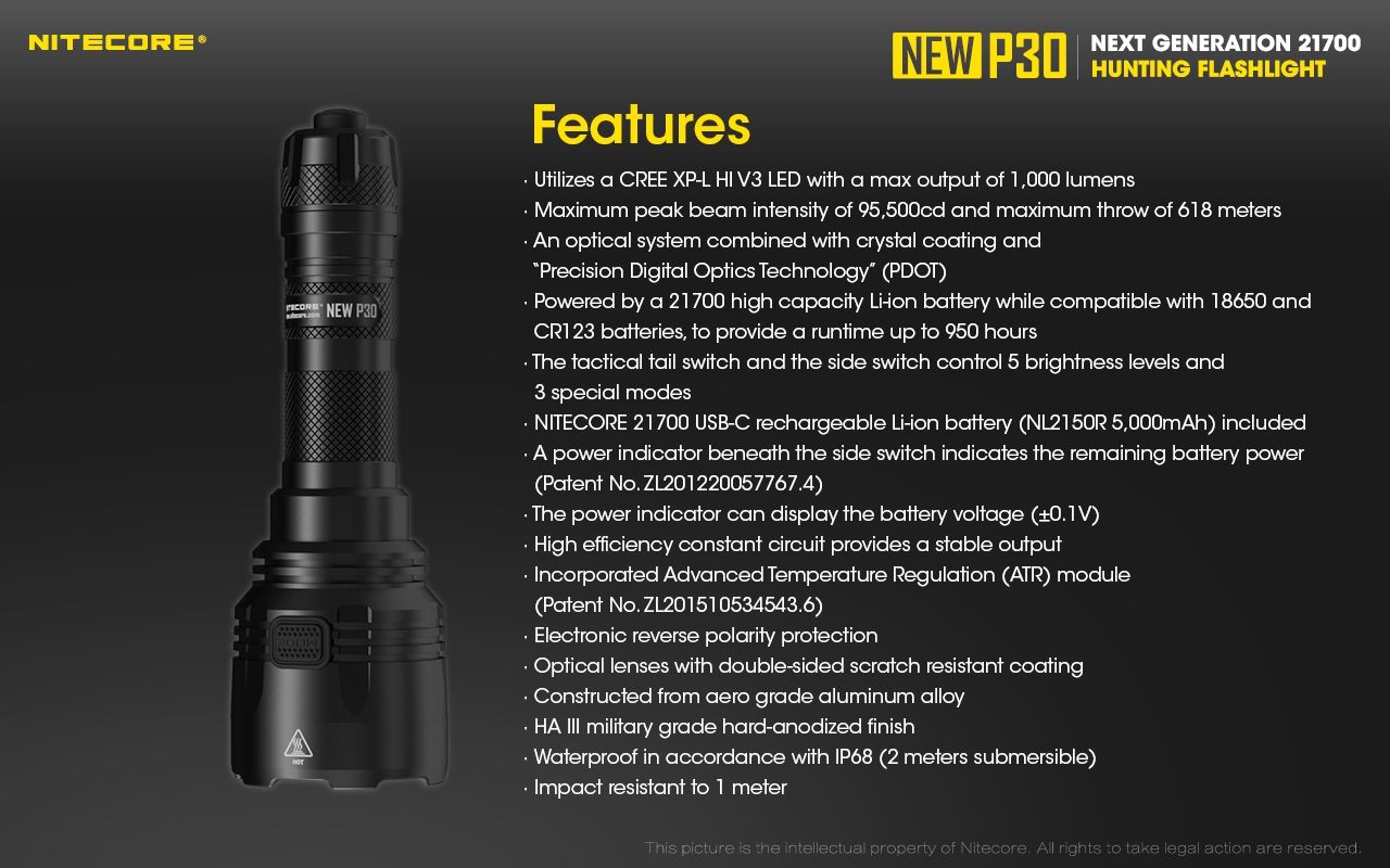 Nitecore P30 XP-L HI V3 1000 Lumen LED-ficklampa Hög prestanda 618 meters strålkastare för utomhus- och nödbruk