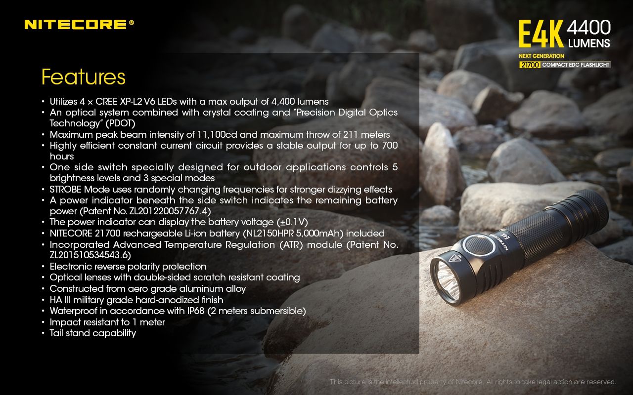 Nitecore E4K 4400 Lumen Kompakt EDC Ficklampa Bärbar och Hållbar med Avancerat Optiskt System