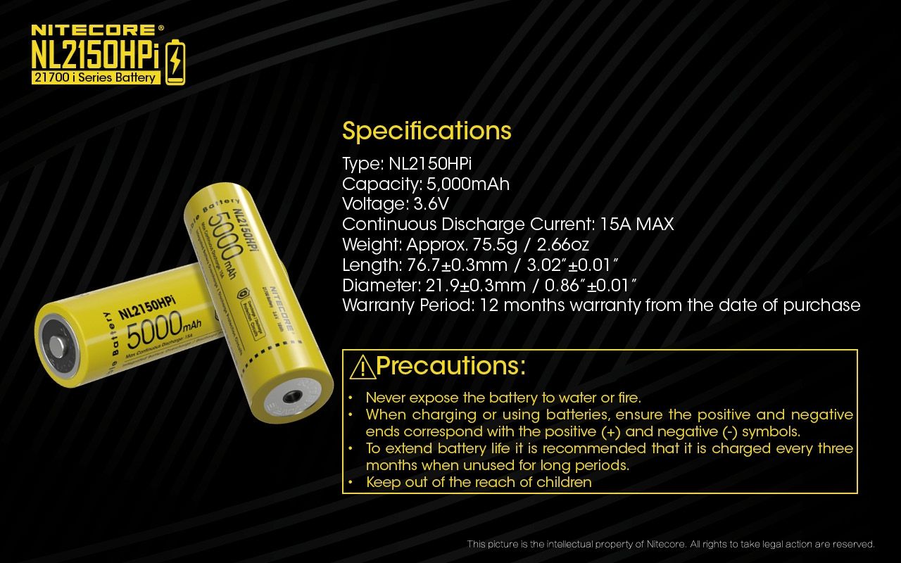 NITECORE NL2150HPi 5000mAh 21700 Li-ion-uppladdningsbart högpresterande batteri för ficklampa och vape