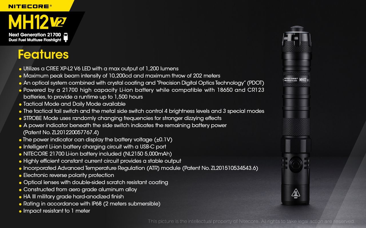 Nitecore MH12 V2 XP-L2 V6 LED-ficklampa 1200 lumen, portabel, stark utomhusbelysning, pålitlig belysning