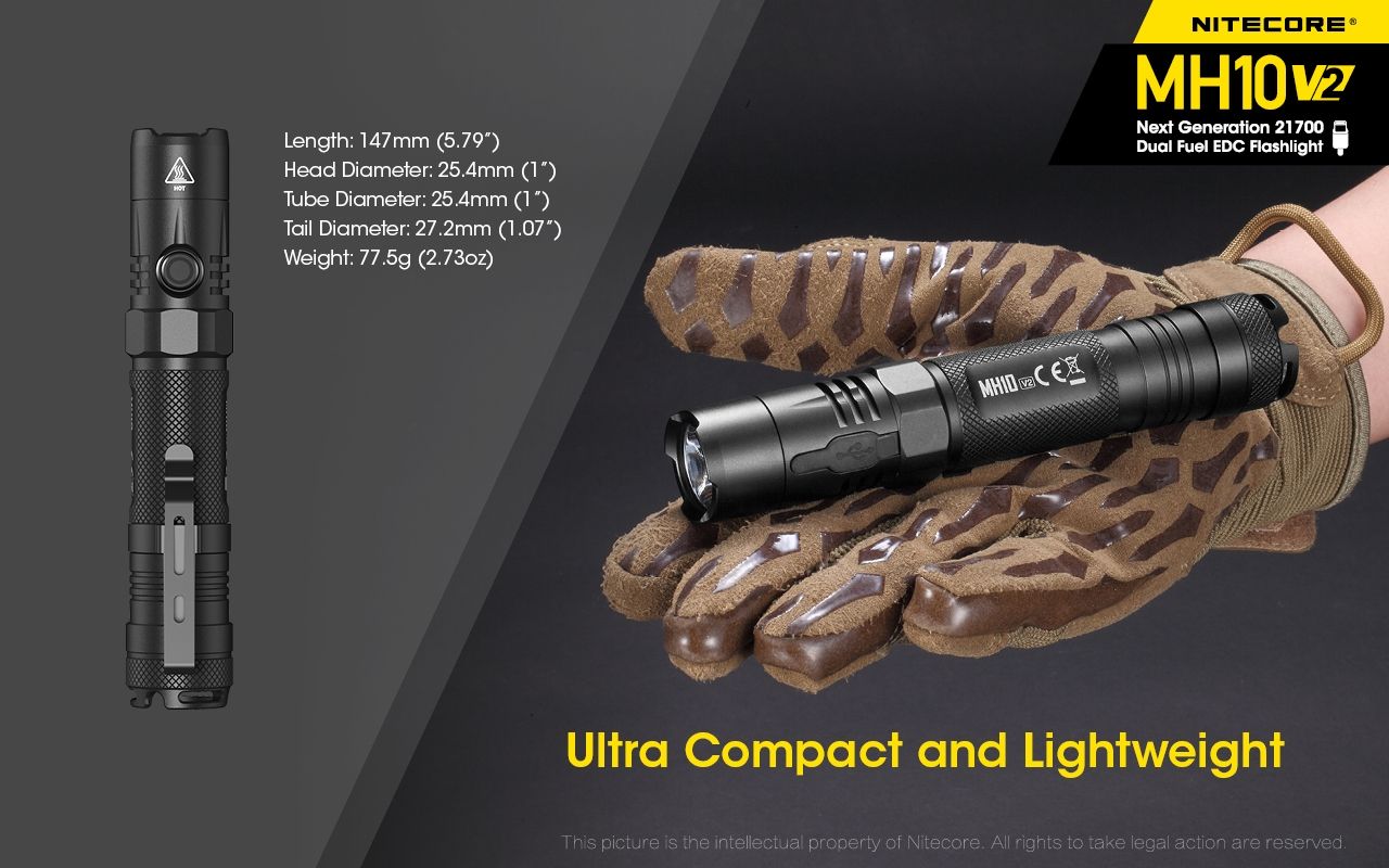 NITECORE MH10 V2 Kompakt 1200 lumen LED-ficklampa med USB-C-laddning, hållbar äventyrsutrustning, hög prestanda