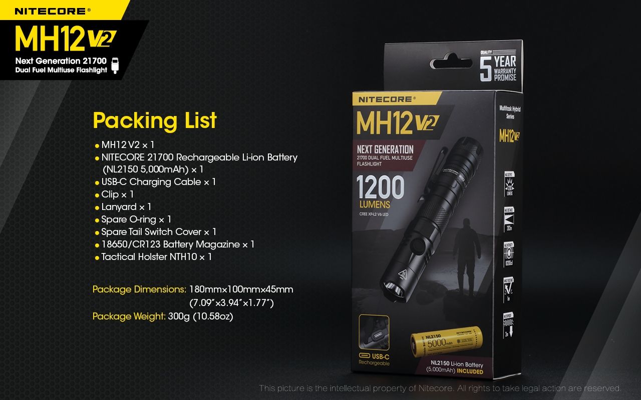 Nitecore MH12 V2 XP-L2 V6 LED-ficklampa 1200 lumen, portabel, stark utomhusbelysning, pålitlig belysning