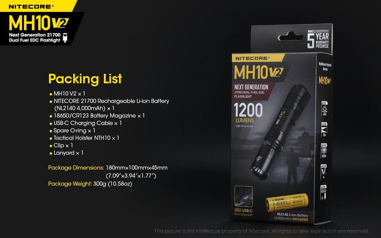 NITECORE MH10 V2 Kompakt 1200 lumen LED-ficklampa med USB-C-laddning, hållbar äventyrsutrustning, hög prestanda