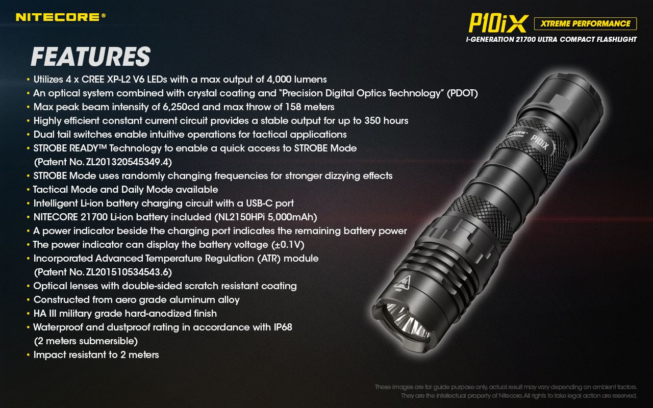 Nitecore P10iX 4000 lumen kraftfull taktisk ficklampa med 4 x XP-L2 V6 LED, 158 meters räckvidd, lång drifttid och hög hållbarhet