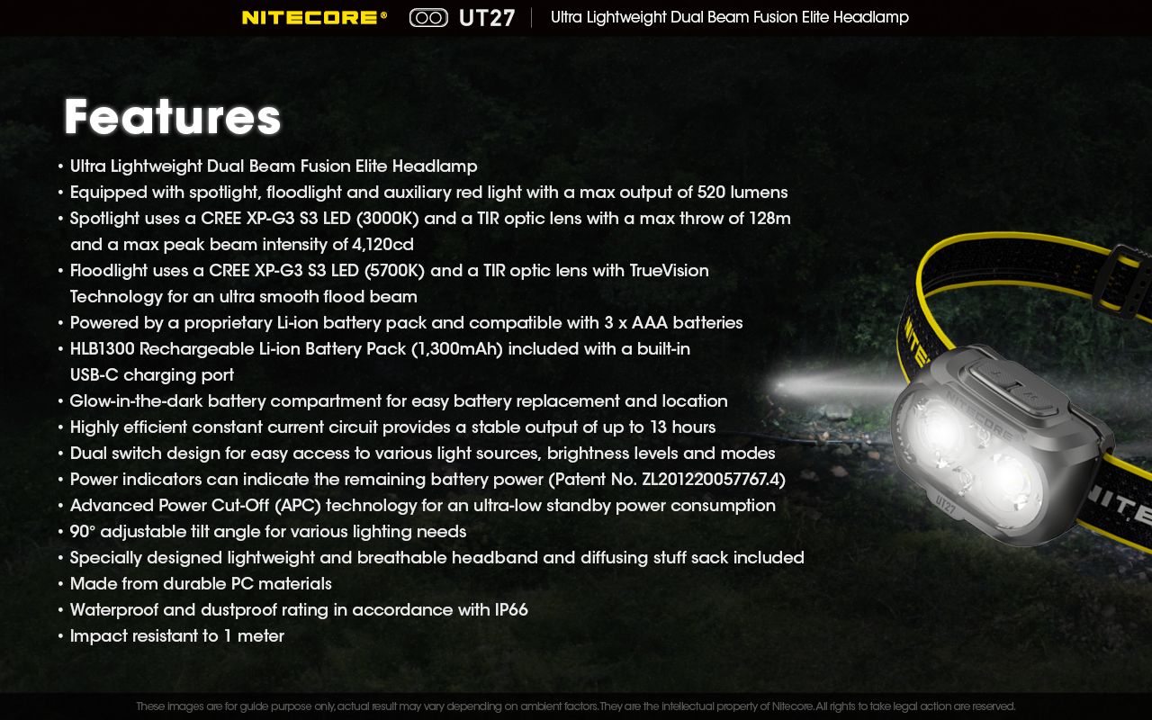 Nitecore UT27 pannlampa 520 lumen mångsidiga belysningslägen robust design för nattäventyr och stjärnskådning