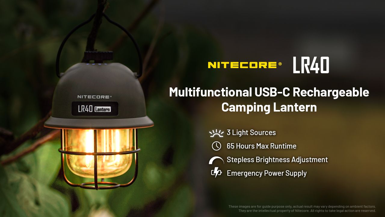 NITECORE LR40 USB-C uppladdningsbar lykta multifunktionell campingutrustning med 3 ljuskällor och 65 timmars drifttid